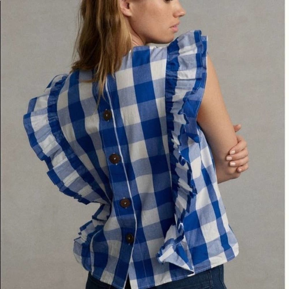 WHIT TWO Anthropologie Blue Cascade Ruffled Blouse MEDIUM - Picture 3 of 10